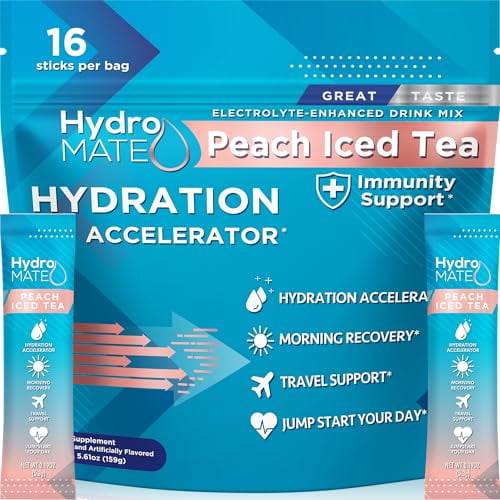 HydroMATE Electrolitos en polvo bajo en azúcar – 16 paquetes de hidratación instantánea de té de melocotón con vitamina C para aumentar la energía – Paquetes de electrolitos en polvo bajos en azúcar p
