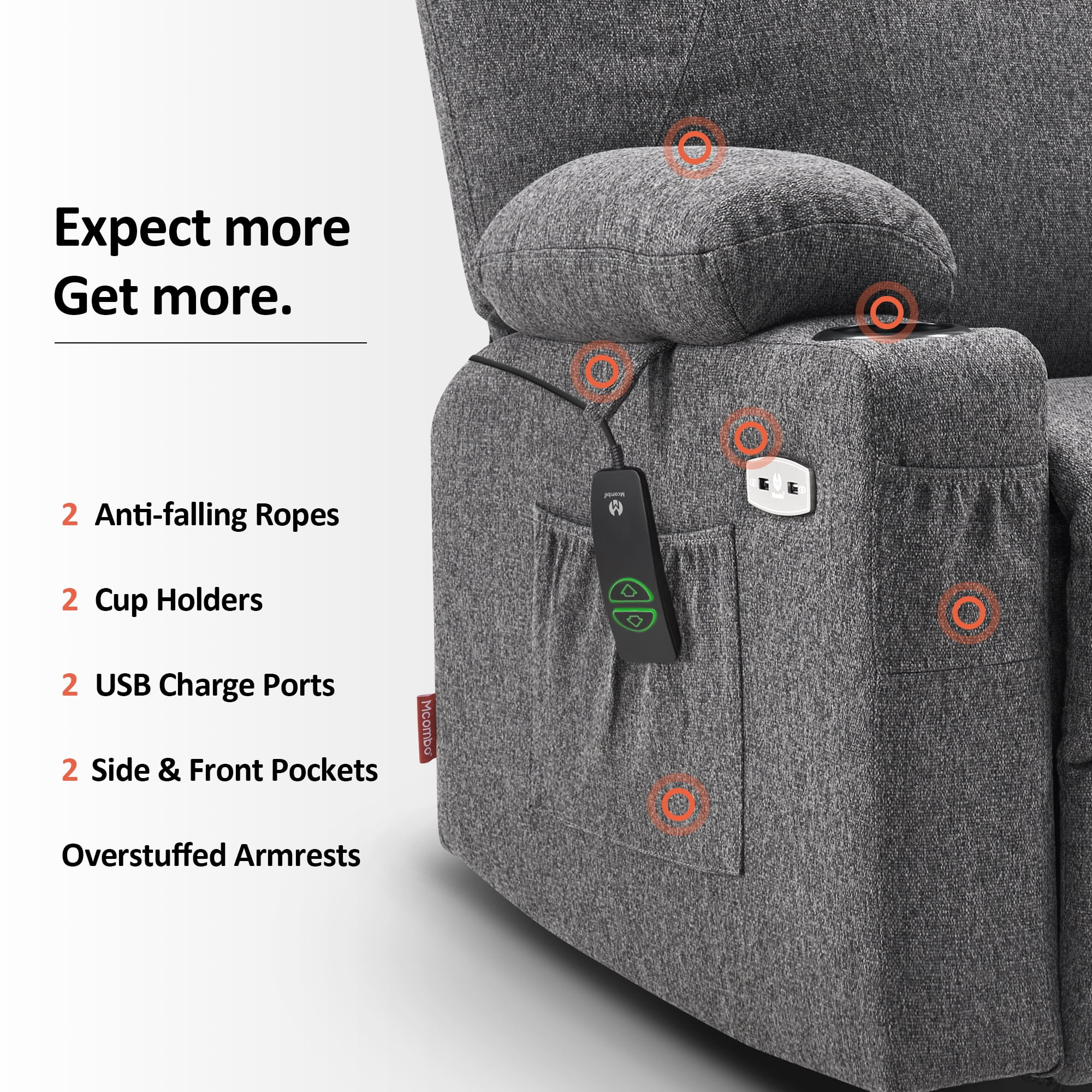 MCombo Large Power Lift Recliner Chair Sofa with Massage and Heat for Big and Tall Elderly People, 3 Positions, Cup Holders, and USB Ports, Extended Footrest, Fabric 7516(Large,Dark Grey)