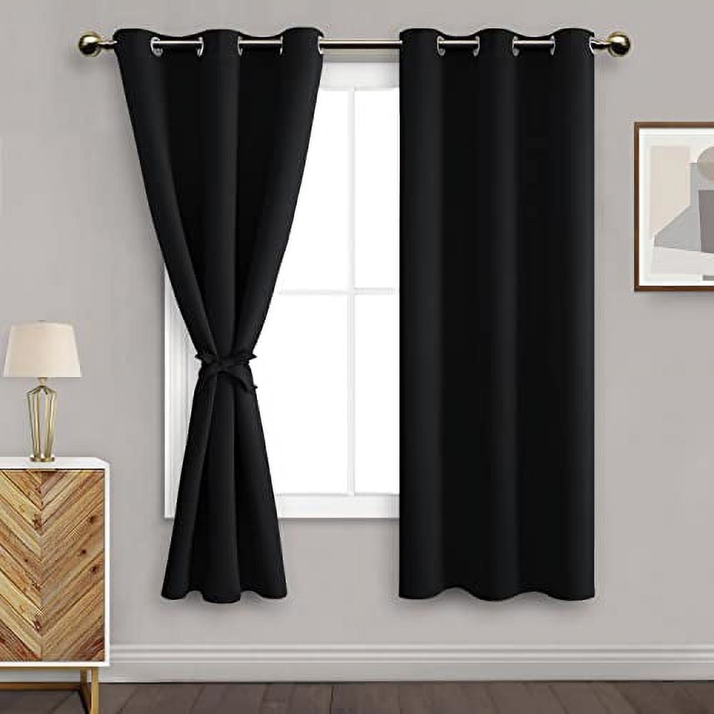 DWCN Black Blackout Curtains for Bedroom Sewn with Tiebacks - Thermal Insulated Light Blocking Grommet Window Curtains for Living Room, 42 x 63 inch Length, Set of 2 Drape Panels