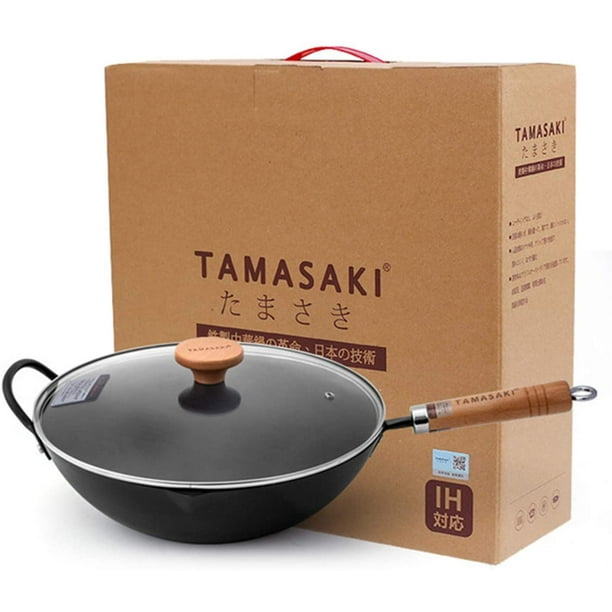 TAMASAKI Cast Iron Wok with Lid, 13" PreSeasoned Flat Bottom Stir Fry