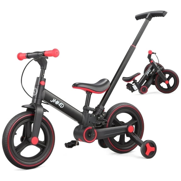 JMMD Toddler Bike with Push Handle for Kid 18-60 Months, 6 in 1 Foldable Tricycle with Training Wheel, Pedals, Kid Balance Bike for Boy & Girl, Black