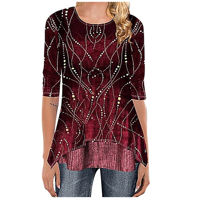 Mode Femmes Col Rond Manches Mi-Longues Imprimé Tops Grande Taille Blouse Facile