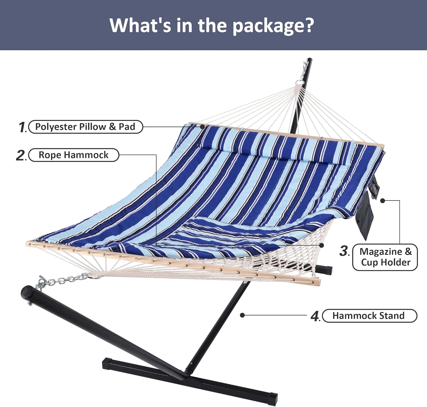 SUNCREAT Outdoor Two Person Hammock with Steel Stand Heavy Duty for Camping, Max 475lbs Capacity, 76"L x 52"W, Blue Stripe