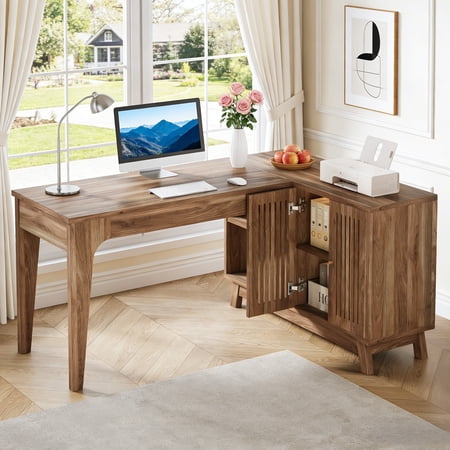 Fnova 57" L-Shaped Modern Desk, Writing Desk Computer Desk with 4 Drawers & Open Shelves, Lateral Storage Cabinet, for Home Office/Study