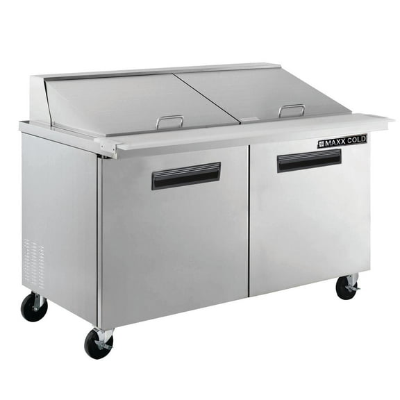 Maxx Cold Two-Door Refrigerated Megatop Prep Unit, 61"W, 15.5 cu. ft. Storage Capacity, Equipped with (24) 4" Deep Pans and Cutting Board, in Stainless Steel (MXCR60MHC)