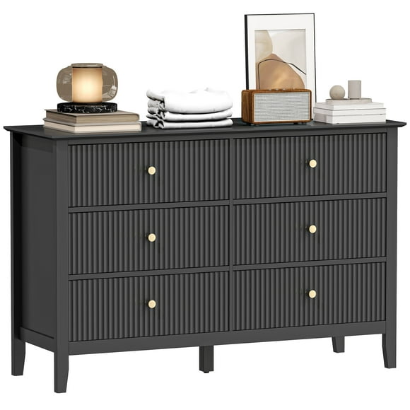 HOMCOM Fluted 6 Drawer Dresser for Bedroom, Double Chest of Drawers, Black