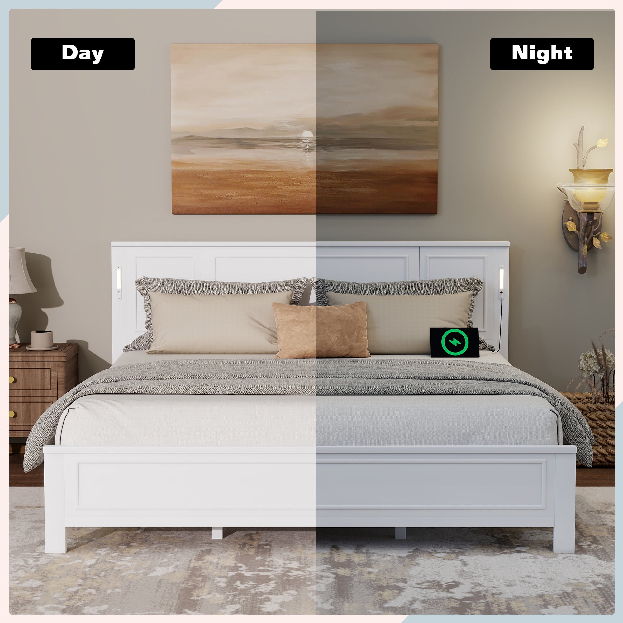 Aukfa King Size Bed Frame with LED Headboard, USB & Type-C Charging Station, Farmhouse Solid Wood Platform Bed with Pinewood Slat Support, White