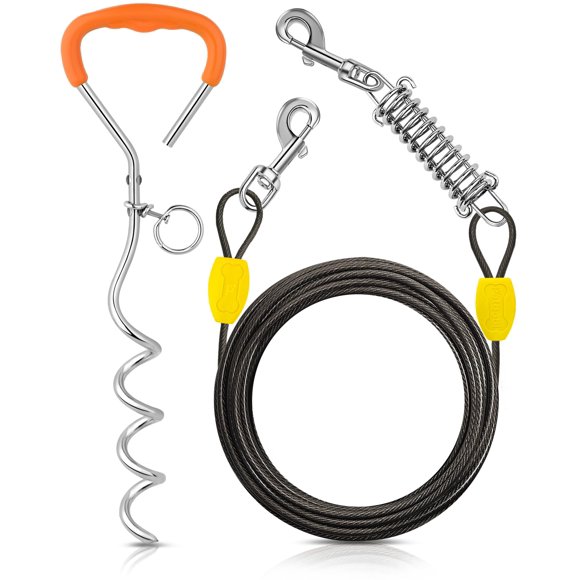 Cable de amarre y estaca para perros Petbobi, cable de acero de 3 m, estaca de 41 cm