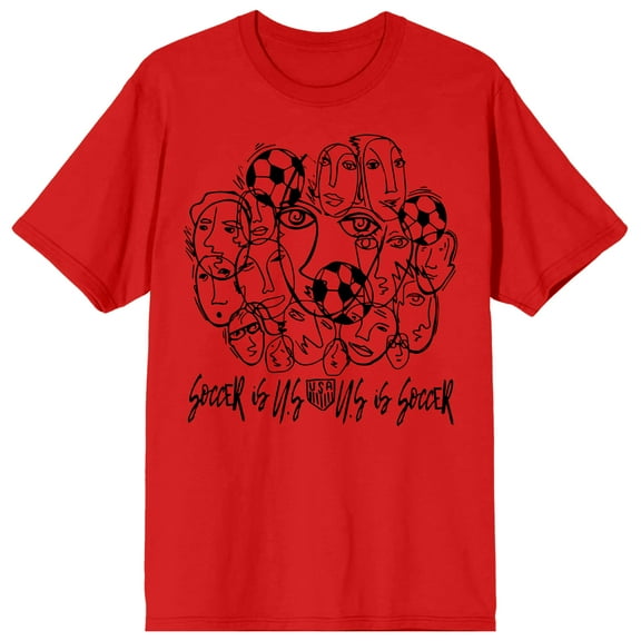 USSF USA Logo Line Art of Faces & Soccer Balls on Red Short Sleeve Adult T-Shirt-XL