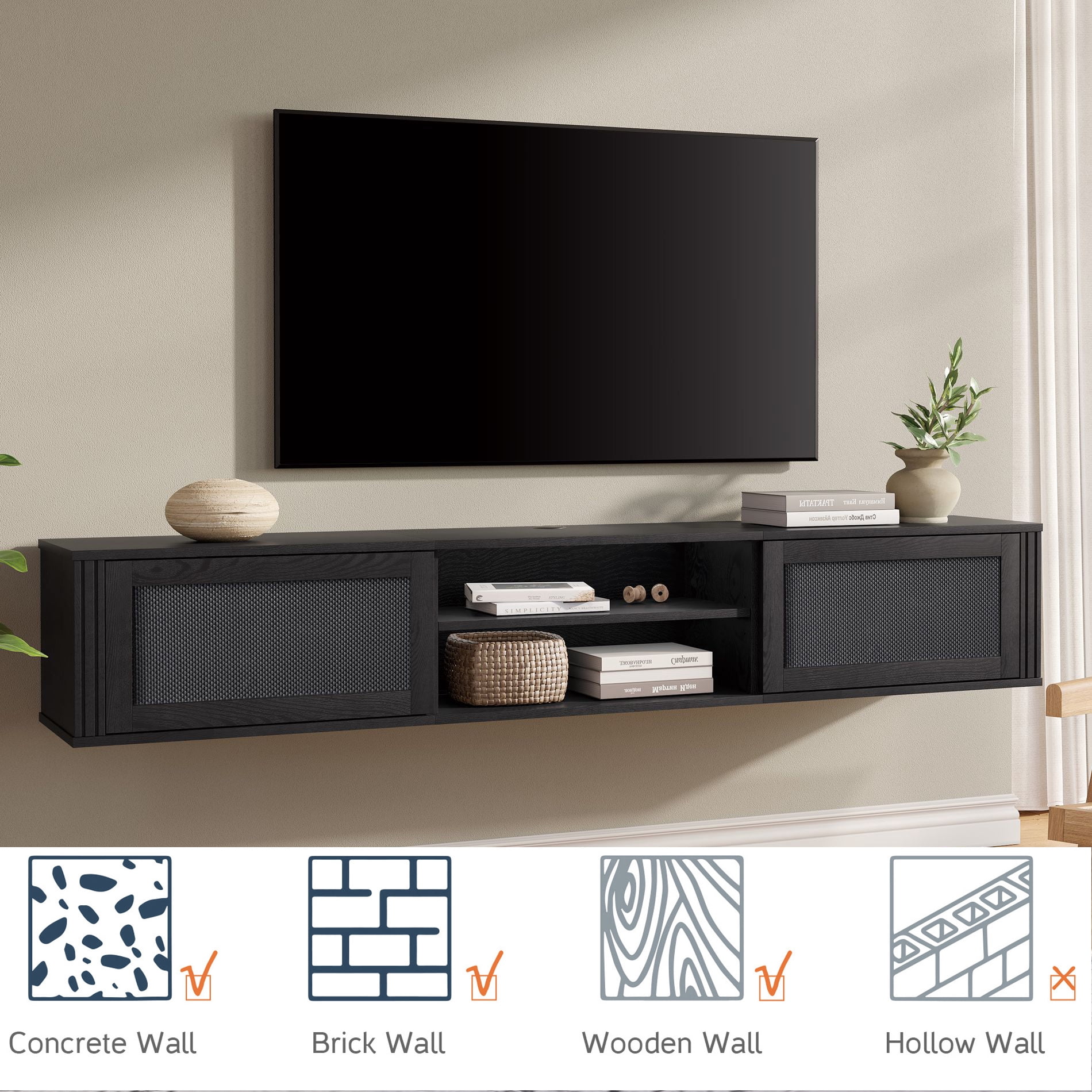 Floating TV Stand with Power Outlet and Rattan Doors，Black