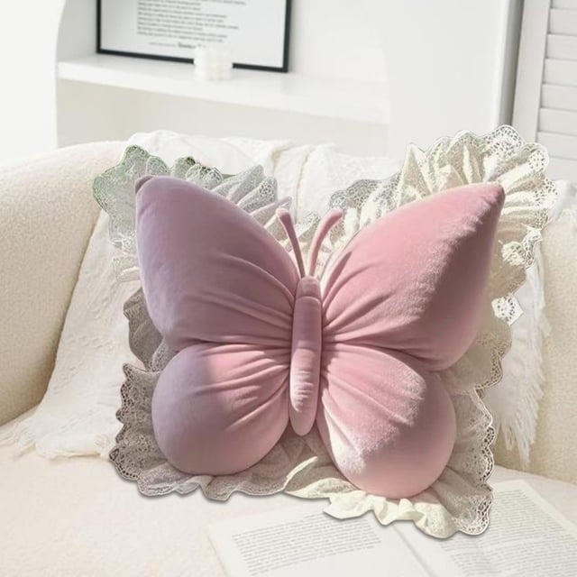 Almohada decorativa de mariposa, cojín lumbar de terciopelo, sofá, cama, sillón de oficina, rosa