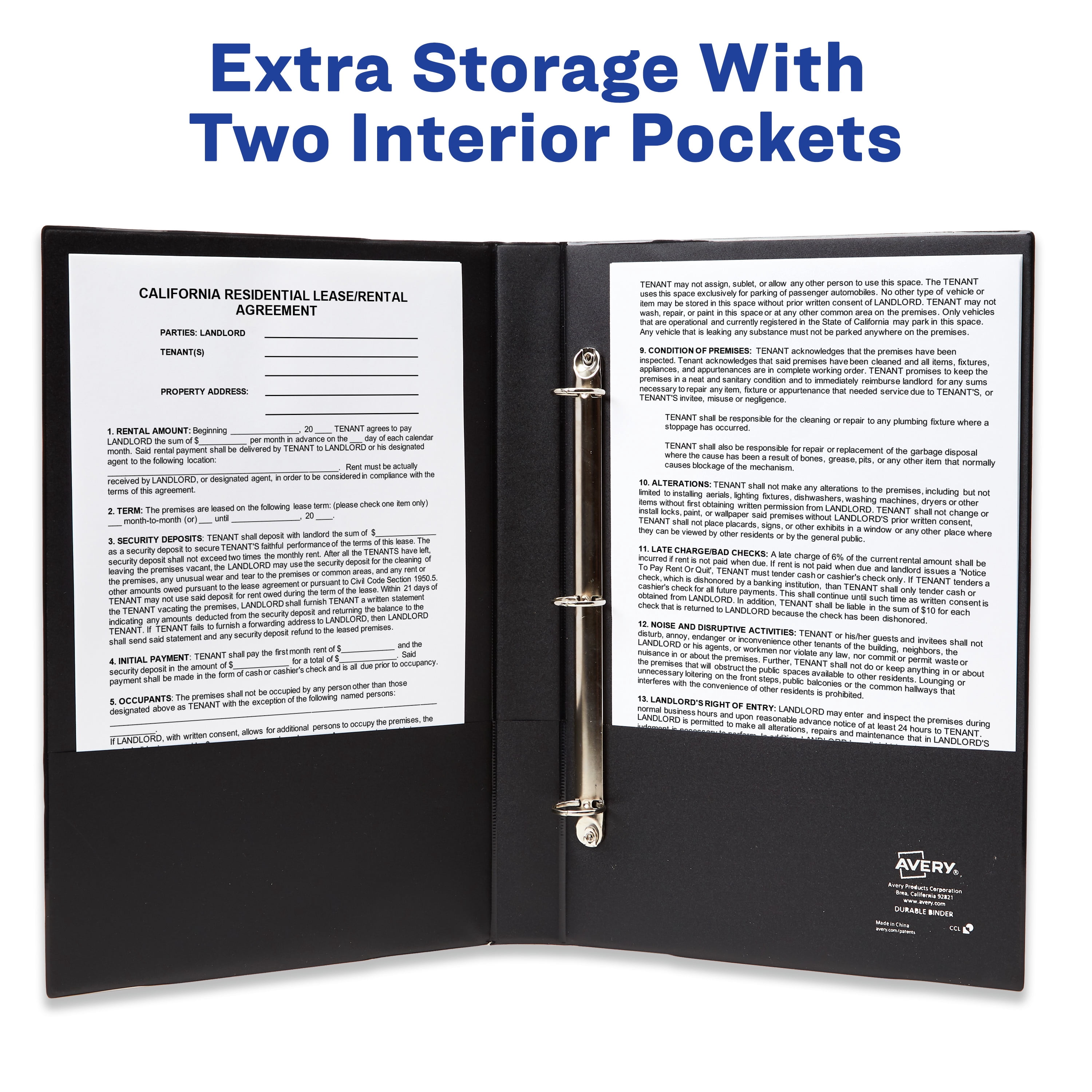 Avery 1" Legal-Size Durable 3 Ring Binders, Black, 2 Pack (17709)