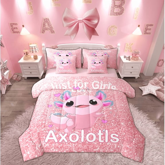 Feelyou Axolotl Twin Bedding Sets 7-Piece for Child, Kawaii Cartoon Animal Bedding Comforter Set, Pink Sequin Print Sheet Sets, Microfiber Room Decoration
