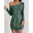 thumbnail image 6 of Womens One Shoulder Tunic Long Sleeve Solid Twist Hem Mini Dress Dressy Casual Loose Spring Summer Dress Green M, 6 of 9