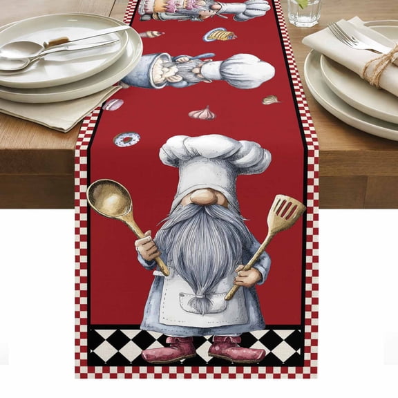 Red Vintage Gnomes Table Runner - 108 Inch Long, Kitchen Dining Table Runner Dresser Scarves, Black Checkered Retro Art Farmhouse Decor for Coffee Tables Wedding Party Banquet