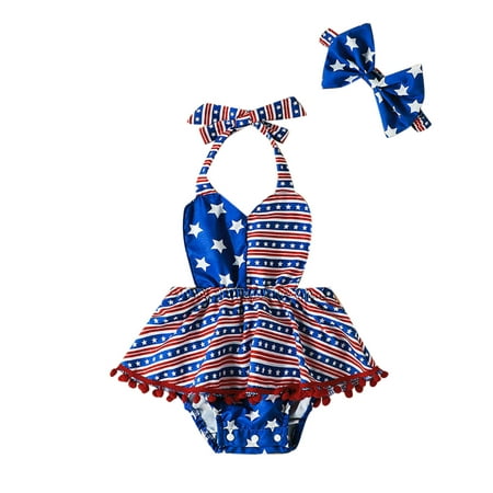 

Printed Striped Day Romper Girls Bodysuitt 3M-18M Headbands Outfits Tassels 4th-of-July Independence Sleeveless Baby Backless Girls Bodysuits Toddler Girl Clothes 2t