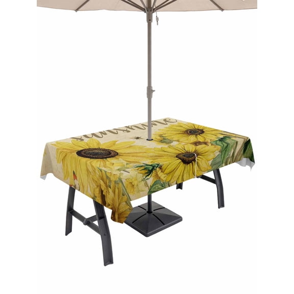 Outdoor Tablecloth with Umbrella Hole for Patio/Picnic/Party/Camping, Sunflowers Waterproof Table Cloth Rectangle Table Cover Washable, Retro Spring Botanical Blossom Flowers Bees (52"x 70")