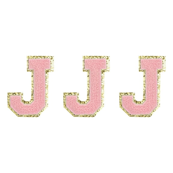 Chenille Letters J Patches Large Size 82mm/3.23 Inch Golden Glitter for Clothing,Shoes,Hats 3PCS(Pink)