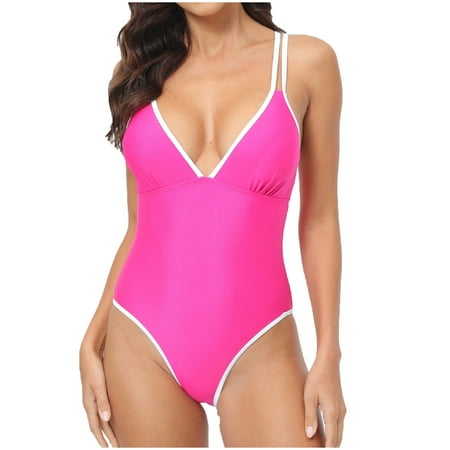 Deals UTSJKR Womens One Piece Swimsuits Tummy Control Border Push Up High Waisted Swimwear Criss Cross Back Color Block V Neck Bathing Suit Hot Pink 6