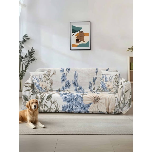 Blue Floral Spring Couch Cover, Summer Botanical Flower Vintage Sofa Cover Blanket for Loveseat Couches, Sectional Sofa Slipcover Furniture Protector for Living Room Bedroom 71''x118''