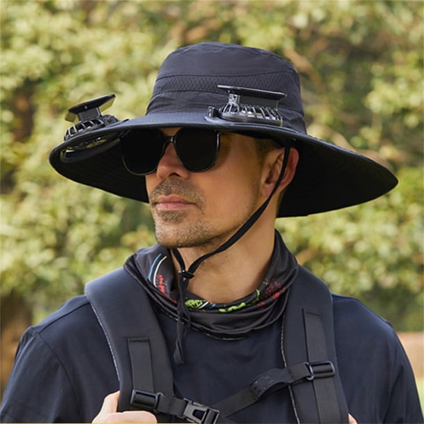 Sombrero de pesca al aire libre con ventilador solar ancho para hombre, sombrero para el sol con ventilador solar, sombreros de pesca con ventilador ajustable de 3 velocidades, sombrero con ventilador