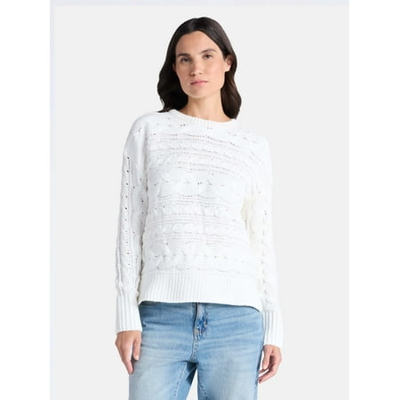 Time and Tru Women's Chenille Cable Knit Crewneck Sweater, Midweight, Sizes XS-XXXL