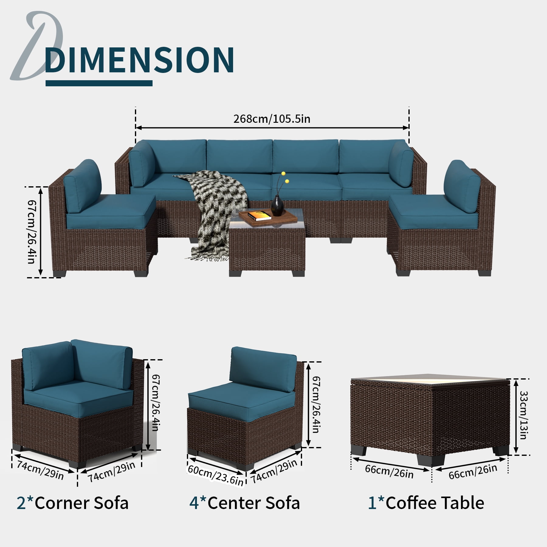 7-Piece Outdoor Patio Furniture Set, PE Rattan Sectional Sofa with Waterproof Cushions & Coffee Table, Modern Patio Conversation Set for Porch, Balcony, Backyard (Peacock Blue)