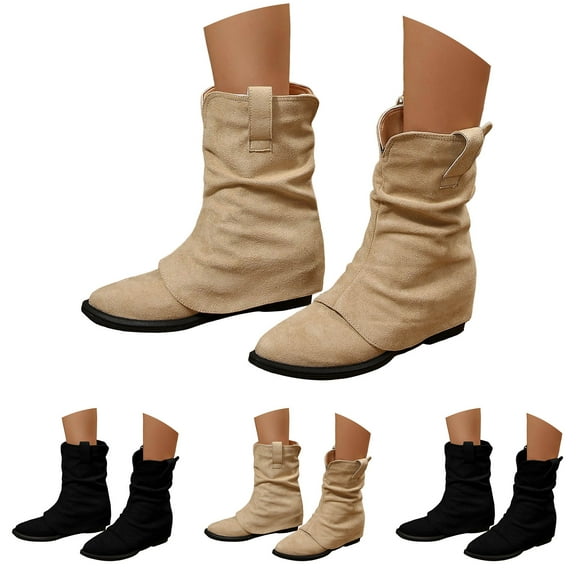 Dakaela Cowboy Boots for Women Suede Fold Over Wide Calf Ankle Boots Pointy Toe Slouchy Riding Western Booties Beige 6