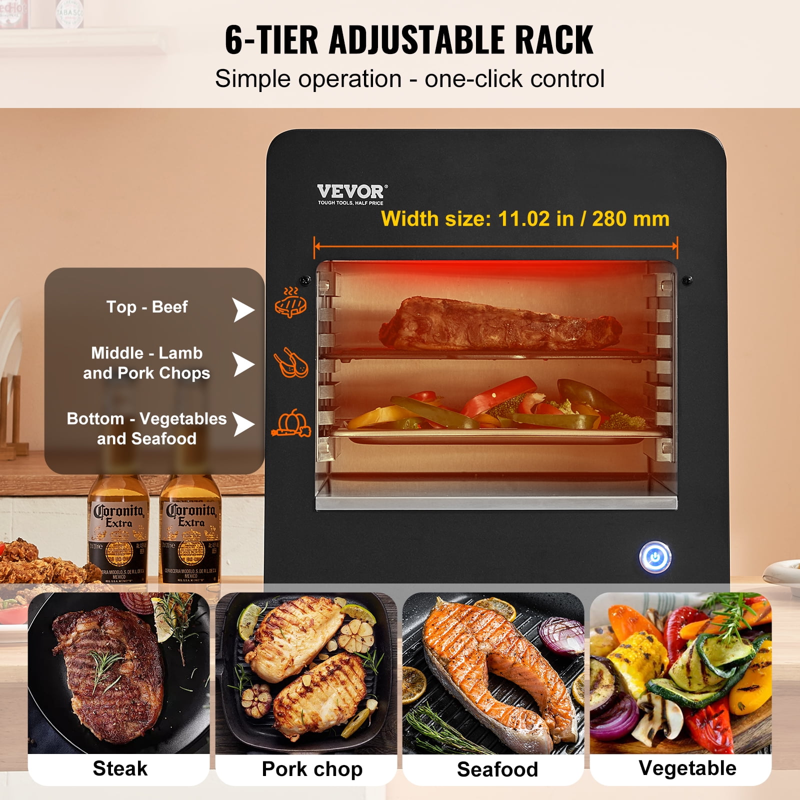 VEVOR Electric Steak Grill, 1800W Smokeless Infrared Electric Broiler, 1450°F Stainless Steel Steak Cooker with 6-Tier Adjustable Rack, Electric Infrared Grill for BBQ, Toast, Grill, Indoor