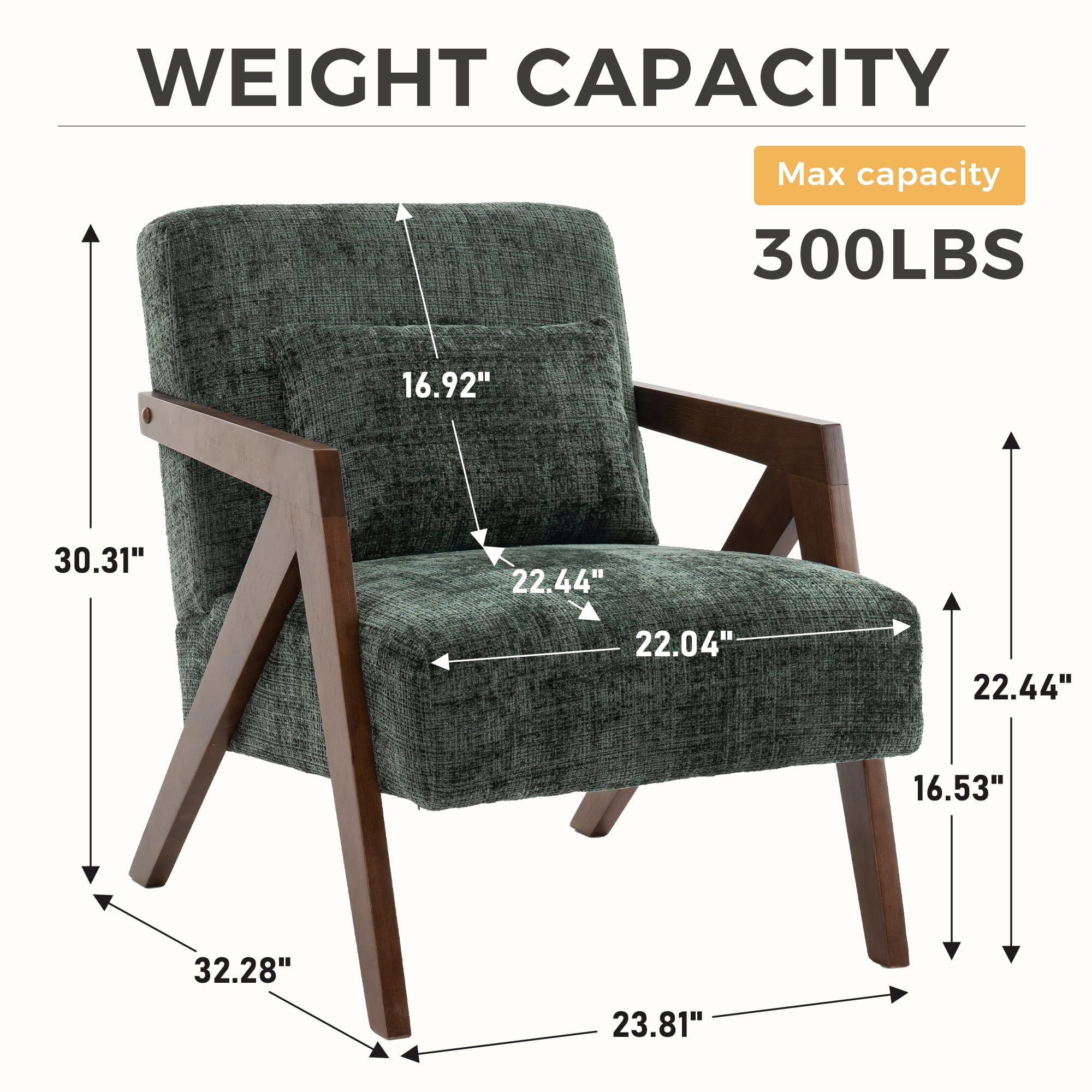 Mid-Century Modern Accent Chair with Solid Wood Frame,Upholstered Chenille Living Room Arm Chairs with Pillow for Bedroom, Living Room, Balcony, Reading Room