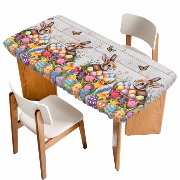 Easter Bunny Table Cloths for 3 Foot Rectangle Tables, Colorful Eggs Spring Tulips Flower Grey Wooden Patio Waterproof Elastic Fitted Tablecloths, Washable Rectangular Table Cover for Camping