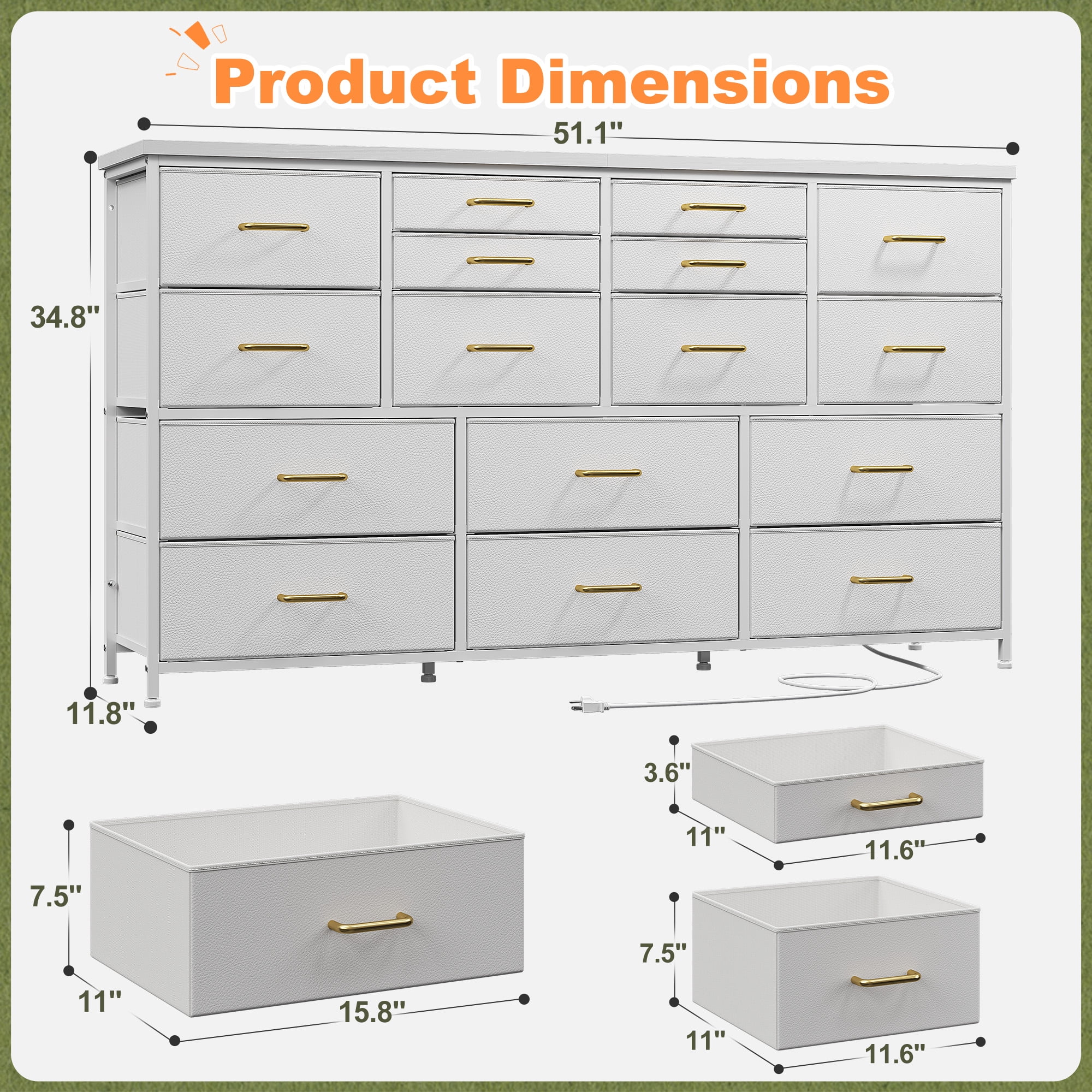 Romorgniz White Dresser for Bedroom with 16 Drawers for Closet Fabric Dressers & Chests of Drawers TV Stand with Charging Station