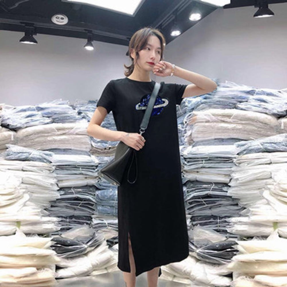 Stylish Women Printed Round Neck Short Sleeve Solid Color Loose Slit Dress Black L Walmart