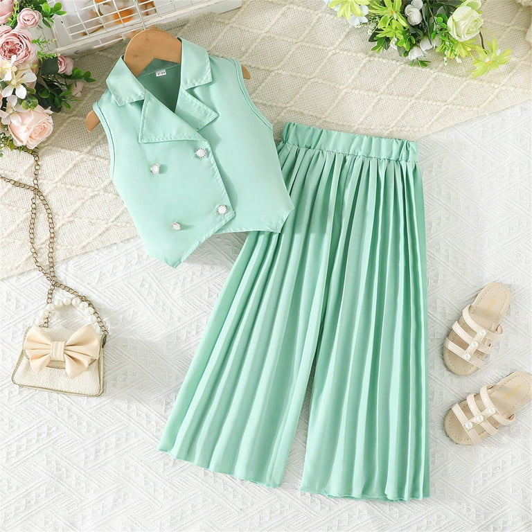 Mint Green Girls 2 Piece Outfit Set: Sleeveless Double Breasted