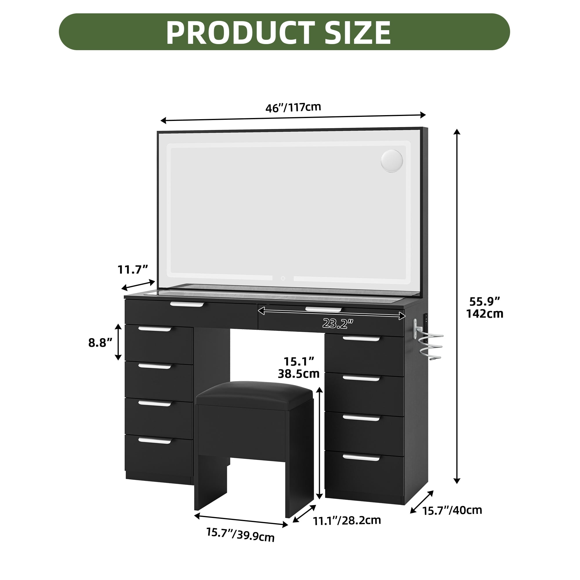Uforic 10-Drawer Makeup Vanity Dresser with LED Light Strip, Extra-Large Mirror, Power Hub and Hair Dryer Rack, Storage Bench, Black