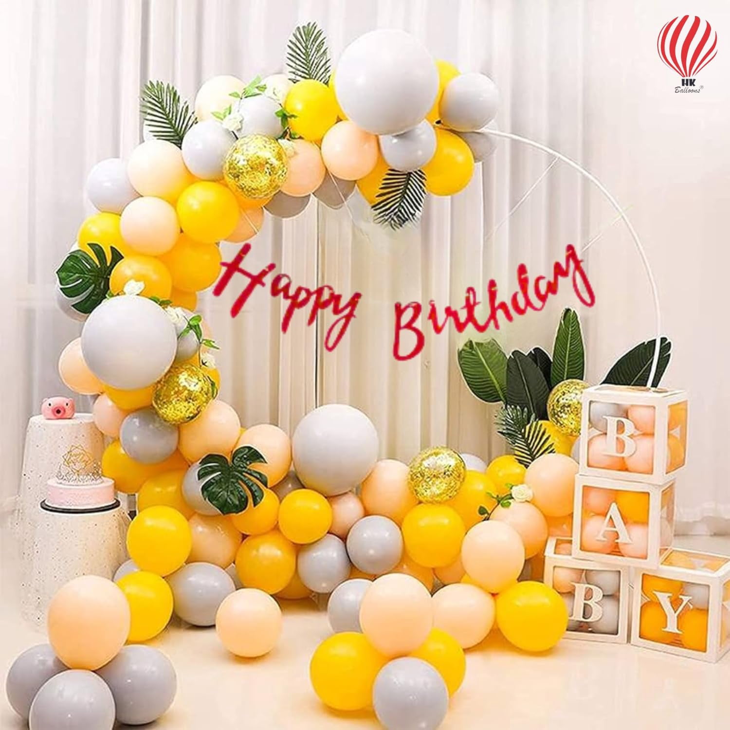 FH  Balloons 52 Pcs Yellow Happy Birthday Balloon Decoration items for Kids, Girls Adults Birthday Decoration Kit Set Backdrop Birthday Combo
