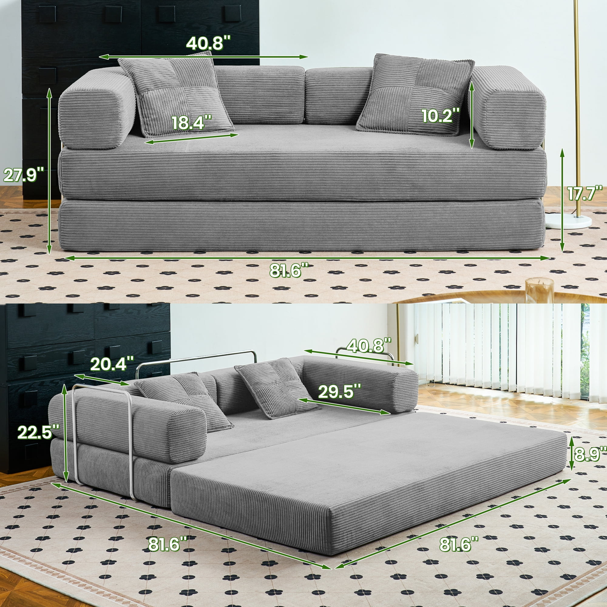 YINIX 81.6" King Size Convertible Sleeper Sofa Bed with 2 Pillows, Corduroy Folding Mattress Couch with Pull Out Bed, Removable Floor Sofa Lounge Couch for Living Room Small Spaces,Gray