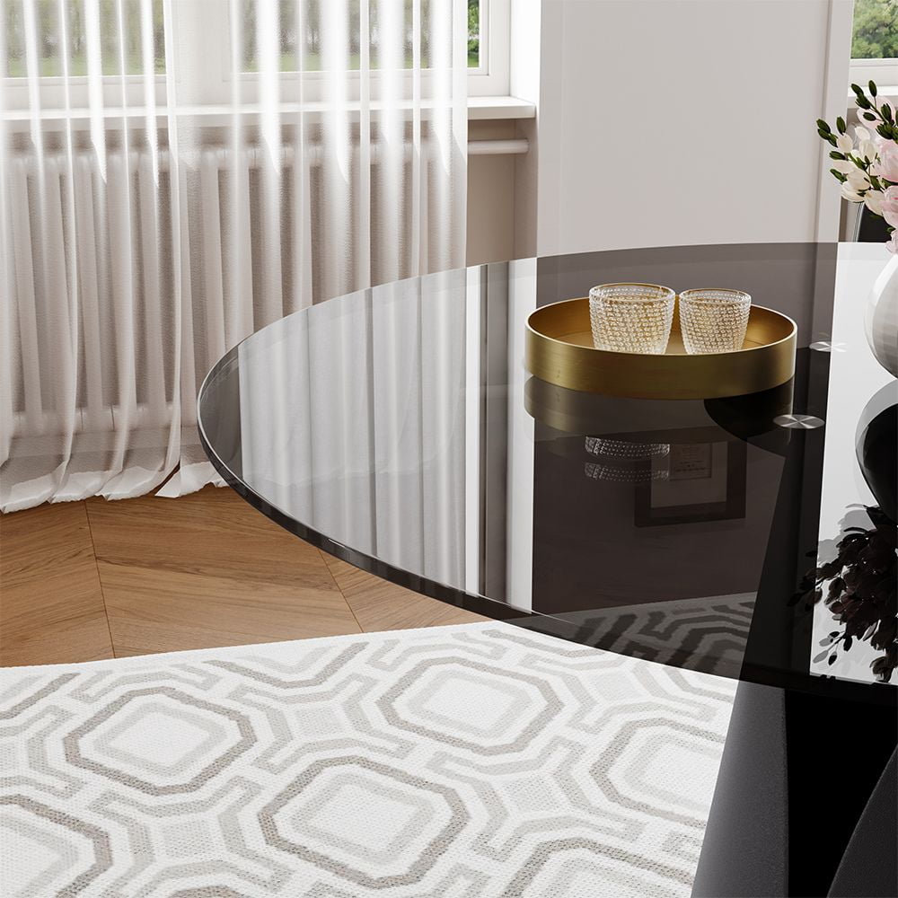 POVISON 47" Modern Black Round Dining Table For 4, Tempered Glass Tabletop,Carbon Steel Base