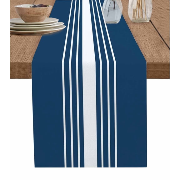 Navy Blue White Stripe Table Runner 72 Inches, Modern Rustic Vertical Striped Bed Runner Dresser Scarves Tabletop for Indoor Outdoor Parties/Ceremony/Banquet, 13" x 72"