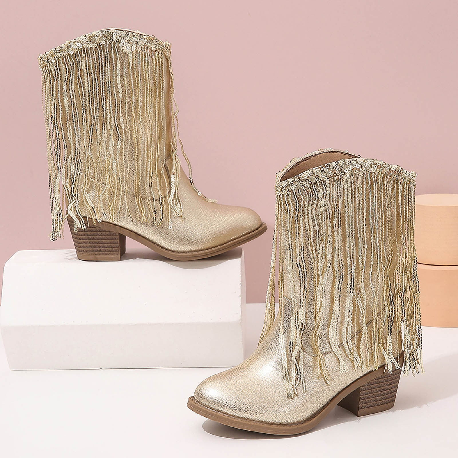 Luogg Girls New Solid Color Leather Fashion Children Western Cowboy Boots Autumn And Winter Casual Kids Tassel Boots Girls Rain Boots Size 11-11.5 Years