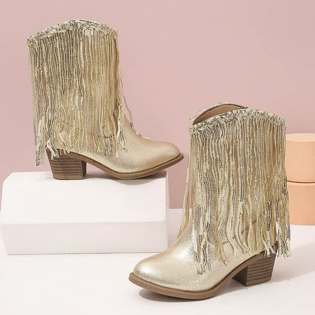 

CHUOU Girls New Solid Color Leather Fashion Children Western Cowboy Boots Autumn And Winter Casual Kids Tassel Boots