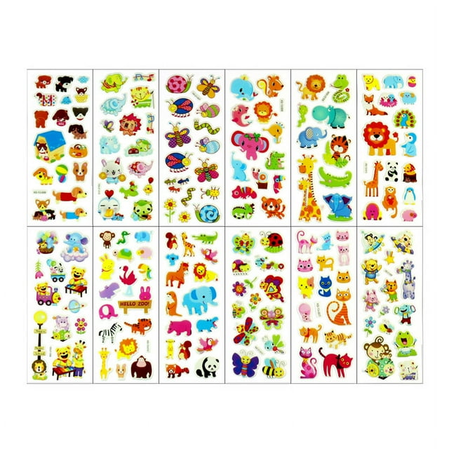 Pegatinas 3D, 12 hojas diferentes, paquete variado de pegatinas bonitas para álbumes de recortes para niños, regalos, pegatinas de burbujas de animales de dibujos animados