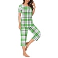 thumbnail image 4 of Cmfcve Women's Two-Piece Pajama Sets Checkered Printed Button-Up Pleated Lounge Set Round Neck Short Sleeve Top and Capri Pants Sleepwear Set with Pockets, 4 of 6