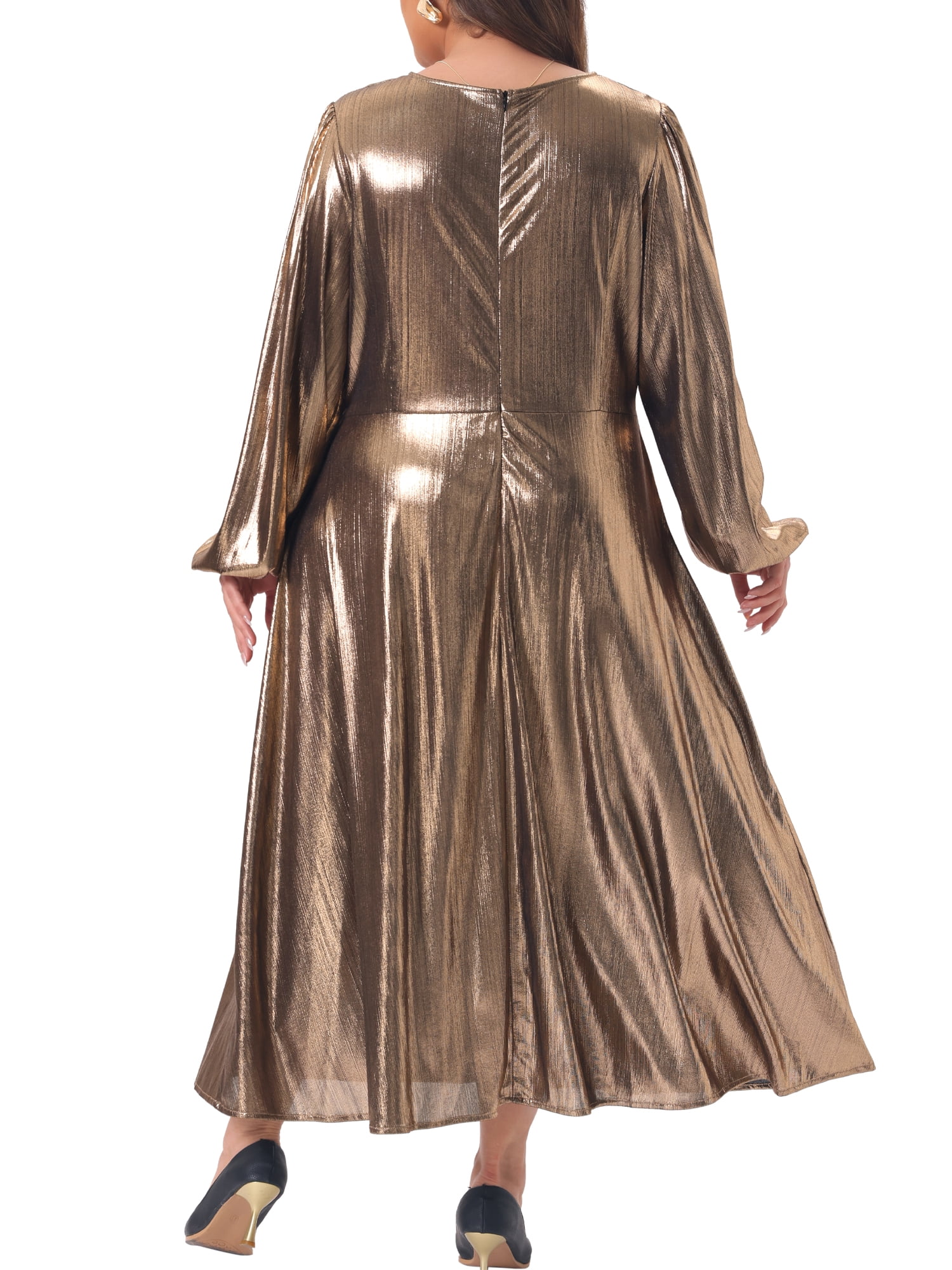 DARING DIVA Women's Plus Metallic A-Line V Neck Lantern Sleeve Dress 2X Gold