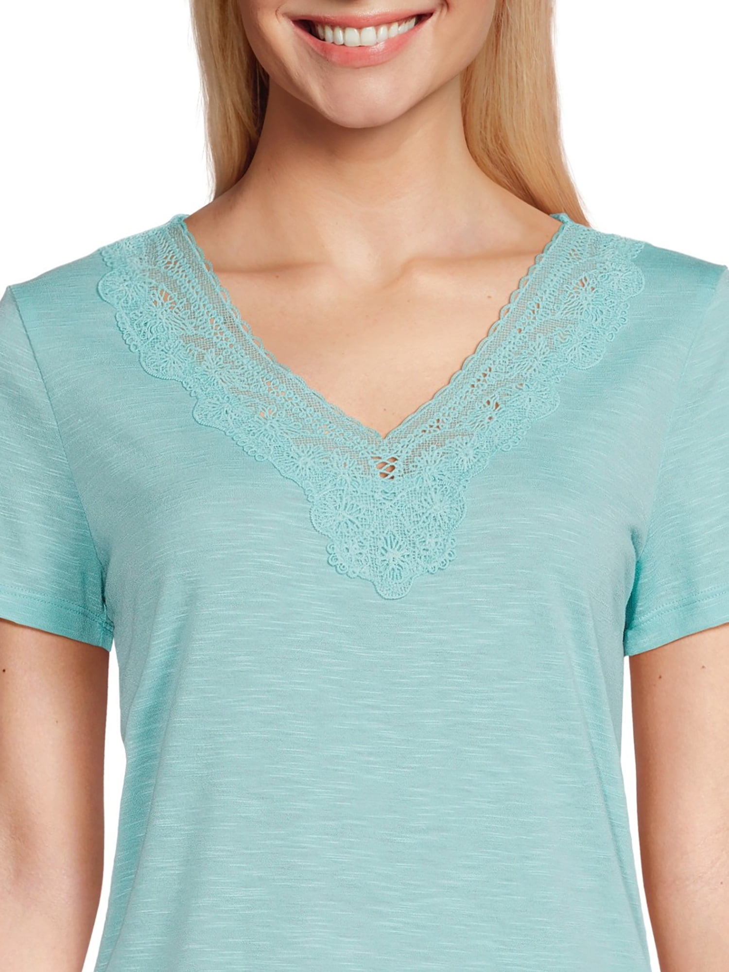 RealSize Women's Lace V-Neck Tee with Short Sleeves, Sizes XS-XXXL