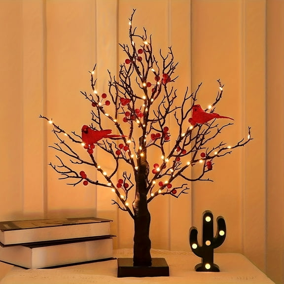 21-Inch LED Birch Tree Tabletop Decor with Warm Red Bird Light, 60 LED Lights for Indoor Home Office Decoration