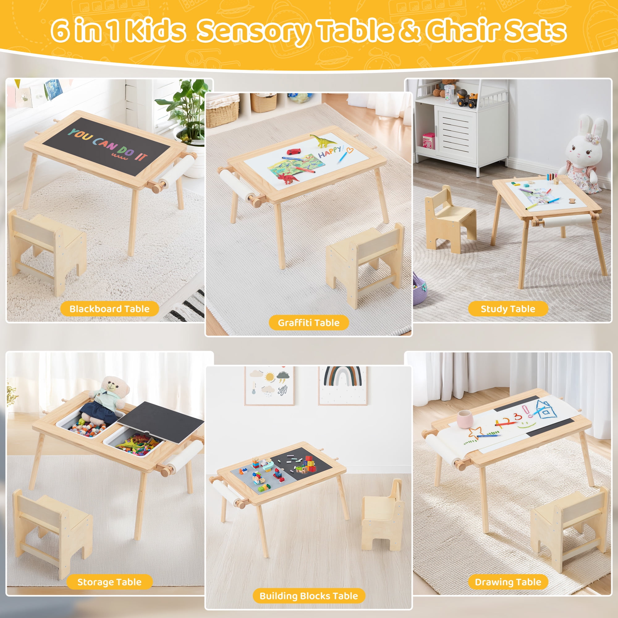 Sensory Table for Toddlers, Multi-Activity Table and Chair Set with Double-Side Graffiti Desktop, Kids Table with 2 Storage Bins & Roller Holder, Sand & Water Table with Building Block Base