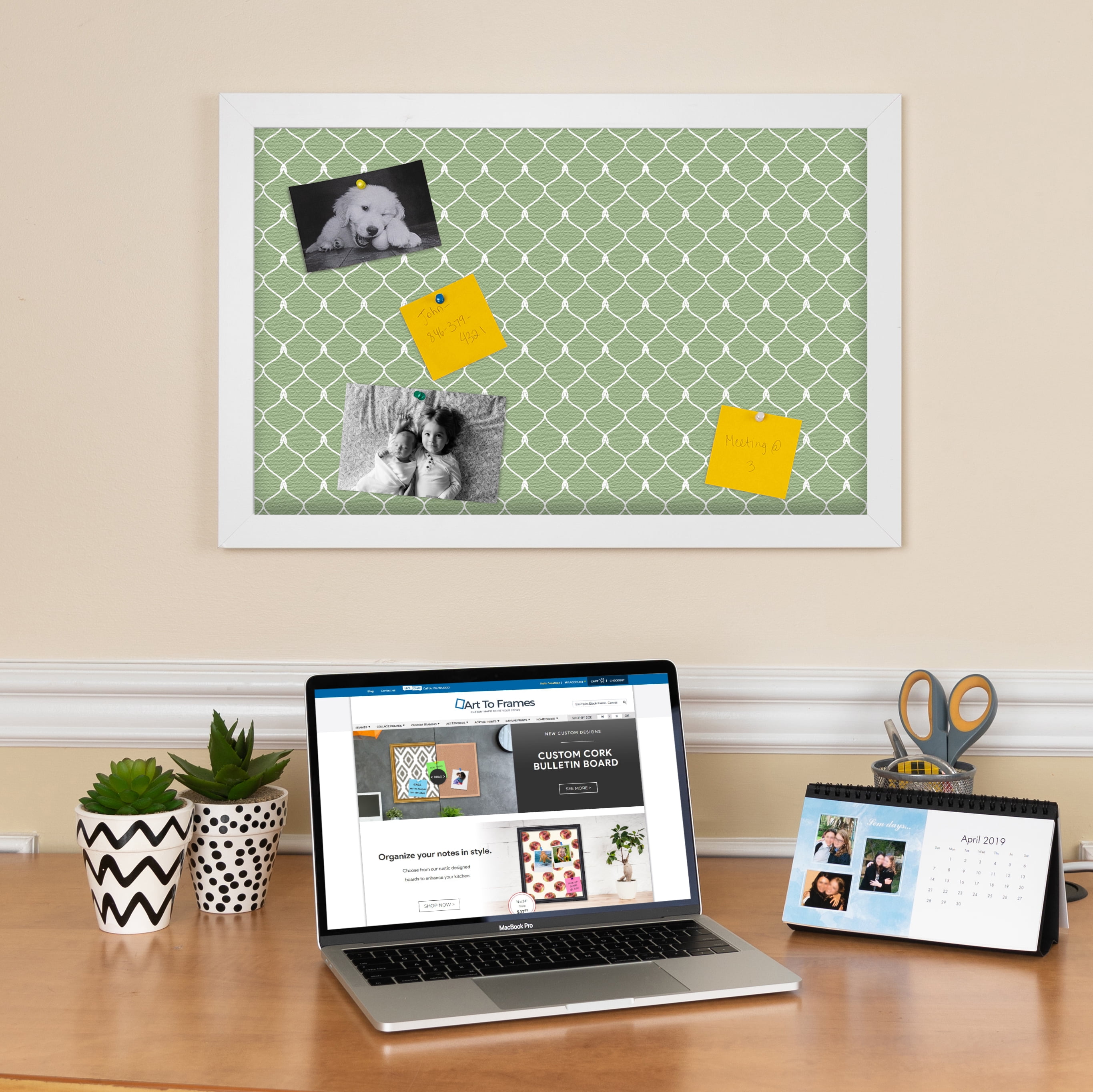 PinPix 17x14 Custom Cork Bulletin Board Green Chain Poster Board Has a Fabric Style Canvas Finish, Framed in Green Chain, by ArtToFrames (PinPix-572)