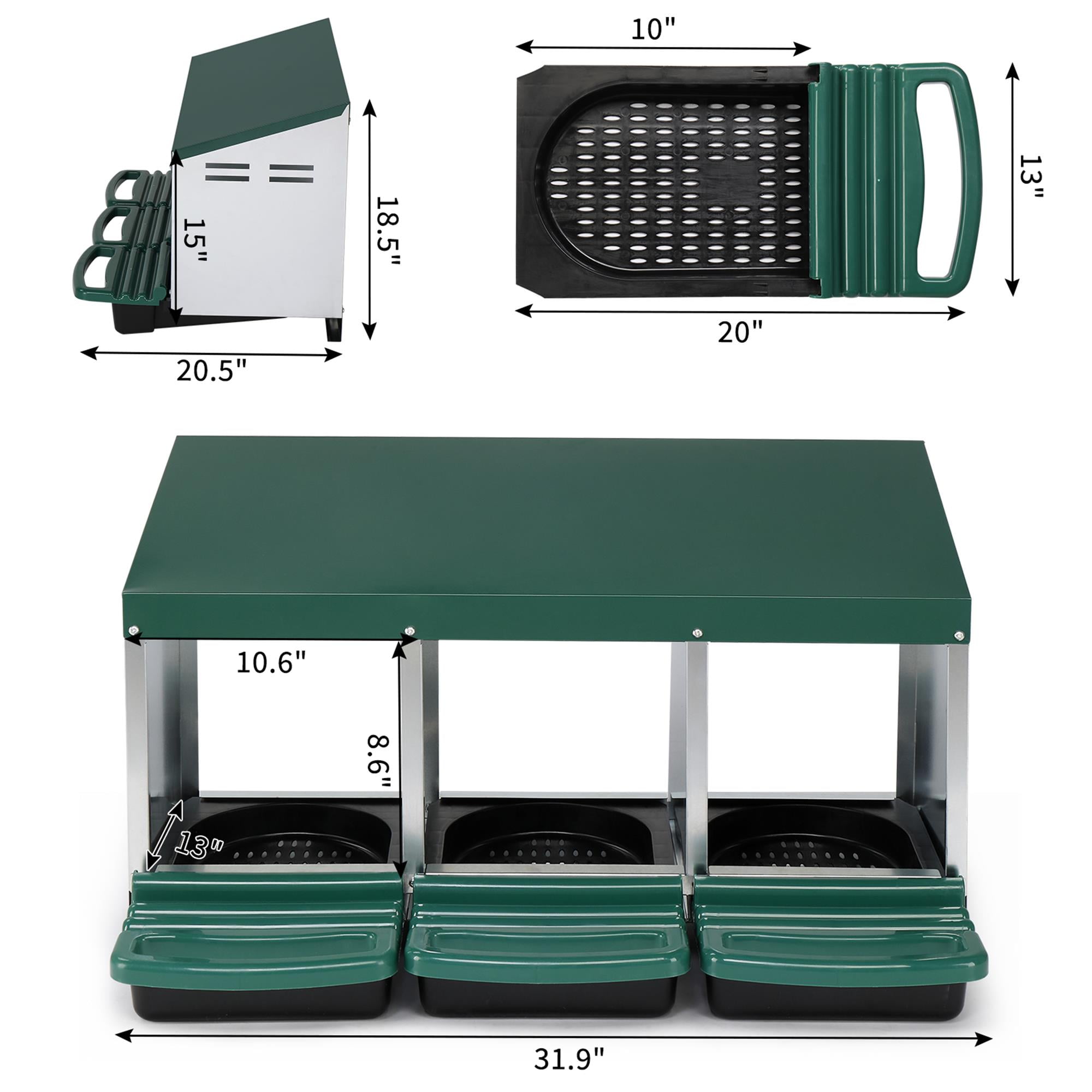 Pefilos Chicken Nesting Box, 3 Compartment Metal Chicken Laying Box with Plastic Basket, Poultry Nest Boxes, Rust Proofed Wall Mount Chicken Coop Boxes, Green