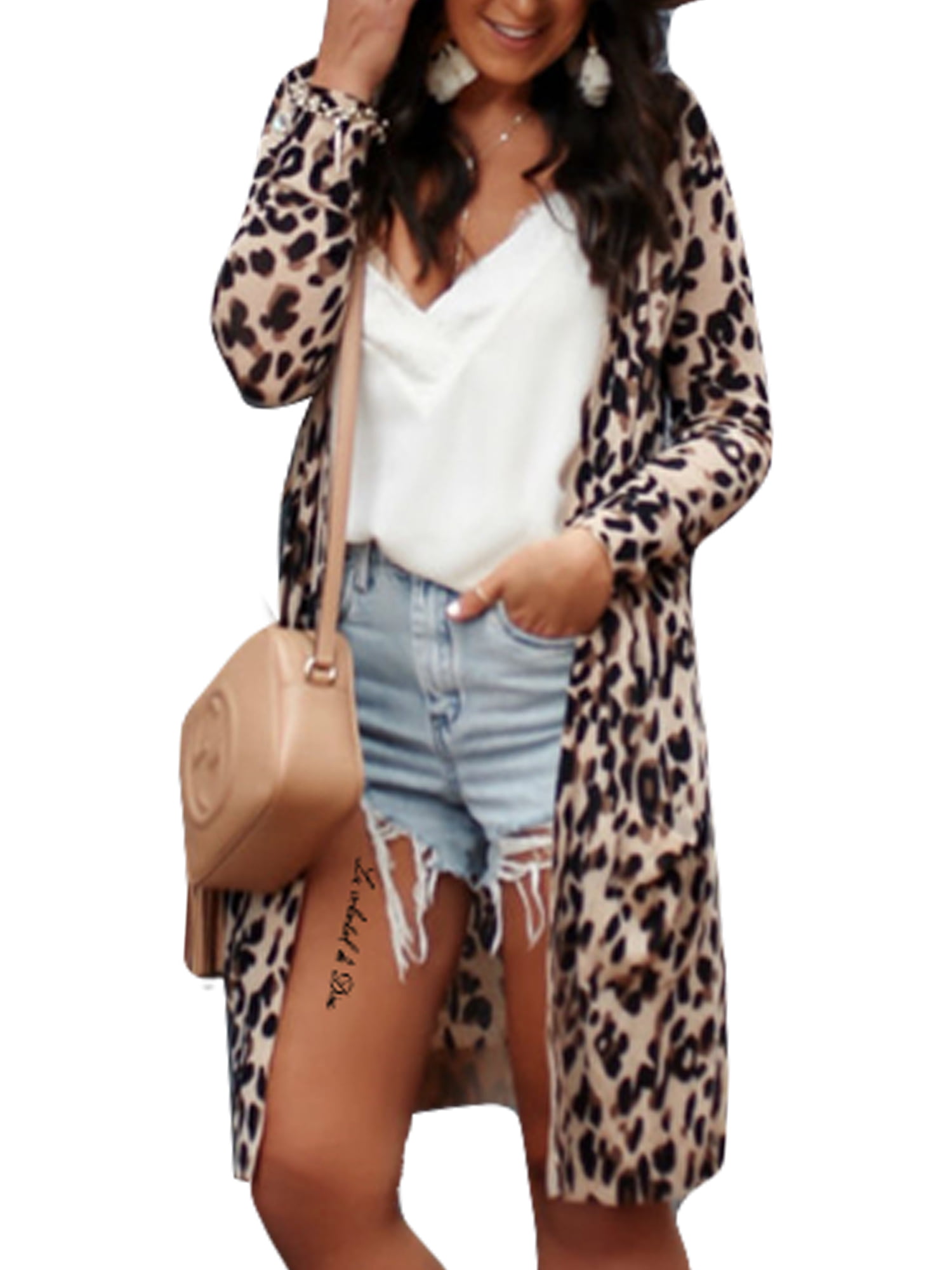 Women Winter Autumn Wind Coat Cardigan Leopard Print Long Coat Jacket Outwear 